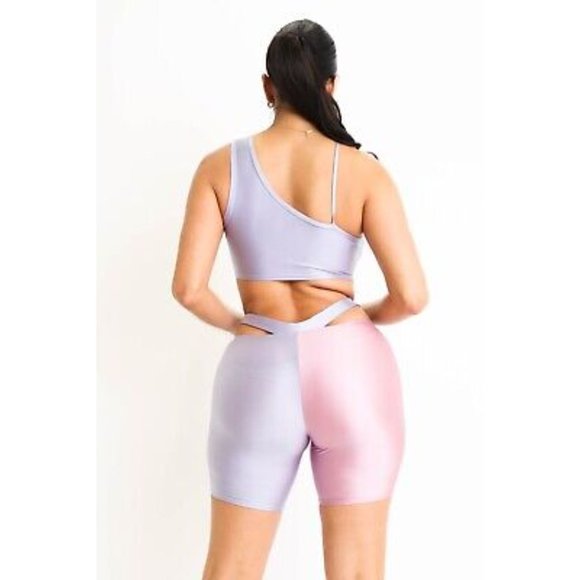 Women's Satin Colorblock Biker Shorts and Top Set Sexy Outfit Set S M L - Picture 5 of 8